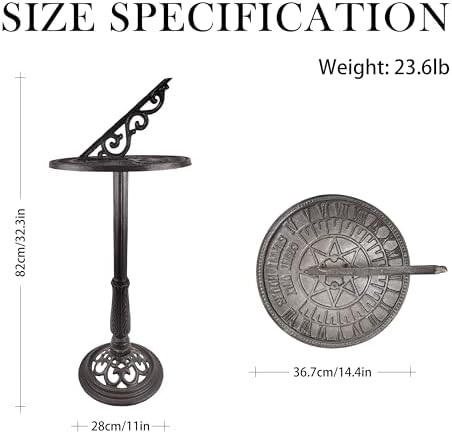 Linton Arst Garden Sundial Compass, 23.6lb Heavy Duty Solid Cast Iron Armillary Sphere, Vintage Waterproof Outdoor Sun Dial with Roman Numerals, Landscape Ornament for Patio Lawn Backyard - Image 2