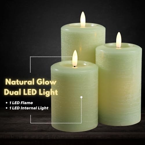 LumiPur Essentials Natural Glow Flameless Flickering Wax Pillar 3 Pack LED Candles (3" x 4" 5" & 6") Sage Green - Image 3