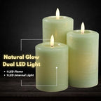 LumiPur Essentials Natural Glow Flameless Flickering Wax Pillar 3 Pack LED Candles (3" x 4" 5" & 6") Sage Green - Image 3