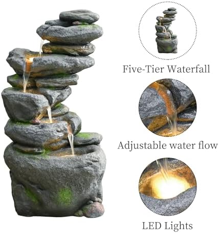 38" Outdoor Garden Water Fountain with Lights, 5 Tiers Water Feature - Image 2