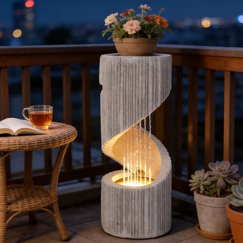 Modern S-Shaped Outdoor Fountain with LED Light, 30” Tall Spiral Column Waterfall Feature with Flat Top for Plant Display, Decorative Water Fountain for Garden, Patio - Image 6