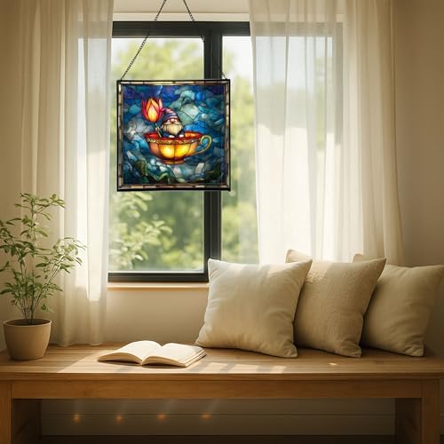 Gnome in Tulip Teacup Stained Glass Suncatcher – Square Hanging Window Panel for Home or Greenhouse – Whimsical Glass Art Gift for Garden Lovers, Christmas, Halloween, Father Days dXYmAm - Image 7