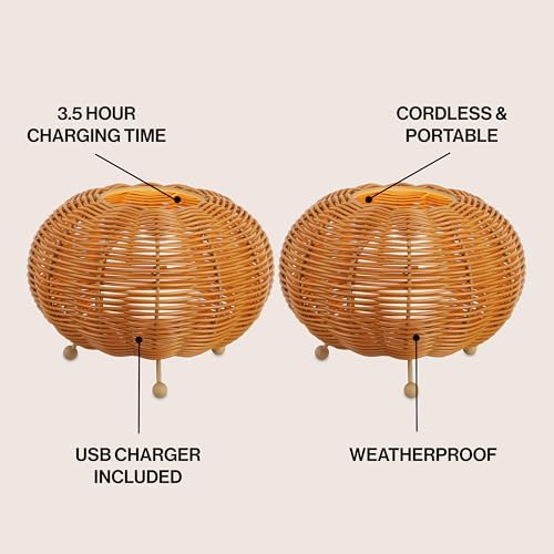 JONATHAN Y Kairi 5.75" Faux Rattan Cordless Lantern, Light Brown, Set of 2 - Image 3
