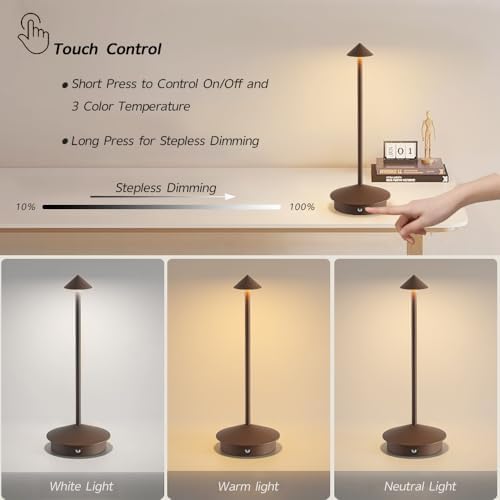 EJQ 2 Pack LED Rechargeable Cordless Table Lamps,Portable Outdoor 5000mAh Battery Operated Table Light Touch Control 3 Color Dimmable for Patio/Cofee/Restaurant/Camping/Dining/Bedroom-Brown - Image 3