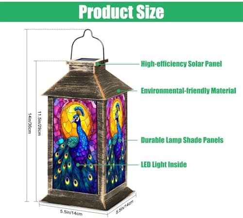 Solar Lantern Peacock Stained Glass Vibrant Blue Feathers Golden Mosaic Halo Outdoor Waterproof Hanging Solar Light Outside Lights for Patio Yard House Lawn Decor Birthday Gifts for Women Mom - Image 2