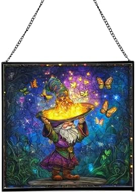 Magic Hat Gnome Stained Glass Suncatcher – Square Hanging Window Panel for Home or Greenhouse – Whimsical Glass Art Gift for Garden Lovers, Christmas, Halloween, Father Days IbK4m8 by Custom