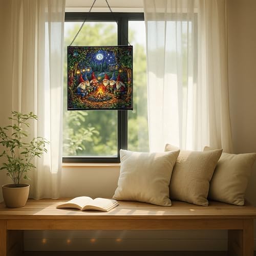 Campfire Story Gnome Stained Glass Suncatcher – Square Hanging Window Panel for Home or Greenhouse – Whimsical Glass Art Gift for Garden Lovers, Christmas, Halloween, Father Days hQZx4H - Image 7