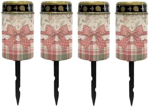 Poceacles Christmas Solar Lights Outdoor Grave Candle for Cemetery Decoration Solar Outdoor Lights for Garden Lawn Backyard Pathway Decor, Christmas Bow Plaid Holly, 4 Pack by Poceacles