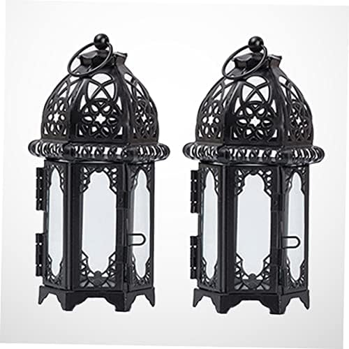 Xmas Iron Candle Lantern 2pcs Black Glass Hanging Moroccan Decor - Image 7