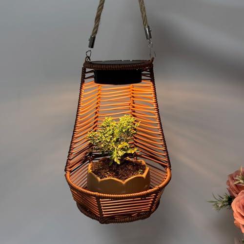 Dpofirs Hanging Rattan Lantern, Outdoor Solar Light Planter, Water Proof PC Rattan Outdoor Lantern with LED Lighting, for Garden Terrace Balcony Yard (Dark Brown) - Image 2