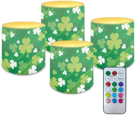 4Pcs Battery Operated Candles with Timers Flameless Candles with Remote St Patricks Day Painting Shamrocks Lanterns for Porch LED Lights for Indoor Outdoor Home Decorations by Merkmak