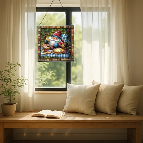 Baking Gnome Picnic Stained Glass Suncatcher – Square Hanging Window Panel for Home or Greenhouse – Whimsical Glass Art Gift for Garden Lovers, Christmas, Halloween, Father Days qiiejq - Image 7