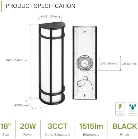 ASD 18" LED Outdoor Wall Light | Half Cylinder 3CCT, Porch Patio | Black - Image 2