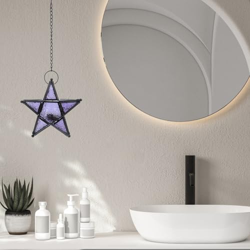 Xmas Star Glass Hanging Lantern Decorative Candle Holder Purple - Image 5