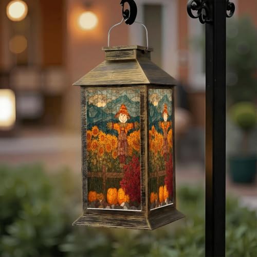 Fall Solar Lantern Watercolor Style Stained Glass Fall Landscape Decor Panel Waterproof Outdoor Hanging Lantern, Solar Powered Garden Light for Patio Yard Camping, Halloween Gift - Image 6