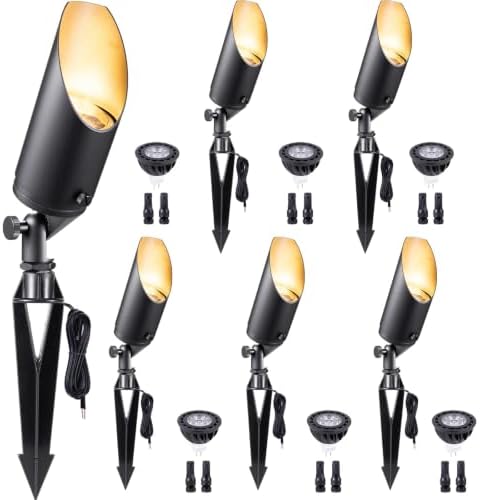Gardenreet 12V Spot Lights Solid Brass - Black Outdoor Low Voltage Landscape Spotlight, Wired LED Uplights Waterproof, Stretchable Shroud for Patio Wall with 5000K Daylight MR16 Bulb (6 Pack) by Gardenreet