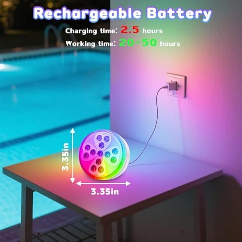 Pool Lights for Above Ground Pools, Rechargeable 10 Color Changing Submersible LED Lights with Remote & 6 Modes, IP68 Waterproof Underwater Light for Swimming Pool Fountain Pond Hot Tub (2 Pack) - Image 6