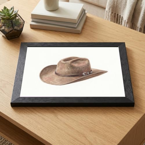 Framed Canvas Wall Art Watercolor Cowboy Hat Brown Earthy Minimalist Canvas Print Poster Black Frame Wall Decor for Bedroom Office Rustic Decor, Southwest Art - Inch 12x16 - Image 6