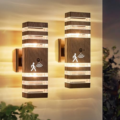 2 Pack Oil Rubbed Bronze Outdoor Wall Lights Fixtures with Motion Sensor Up Down Porch Lights Modern Dusk Dawn Exterior Sconce Wall Mount Outside Coach Lantern for House(With 4 Dimmable Warm Bulbs) by DELICAVYLIGHTING