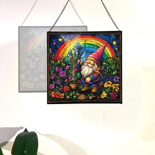 Rainbow Garden Gnome Stained Glass Suncatcher – Square Hanging Window Panel for Home or Greenhouse – Whimsical Glass Art Gift for Garden Lovers, Christmas, Halloween, Father Days moNsPG - Image 4