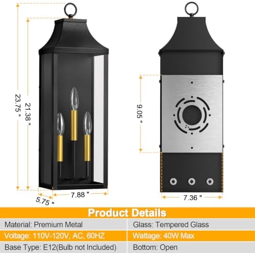 24" Extra Large Outdoor Wall Lights 2-Pack, Black Outside Wall Sconce - Image 3