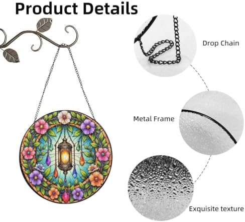 Ornate Lantern with Blooming Flowers and Gems Stained Glass Suncatcher 12in - Image 4