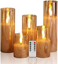 Eywamage Amber Gold Glass Flameless Pillar Candles with Remote Set of 5 by EywamageCandles