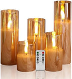 Eywamage Amber Gold Glass Flameless Pillar Candles with Remote Set of 5 by EywamageCandles