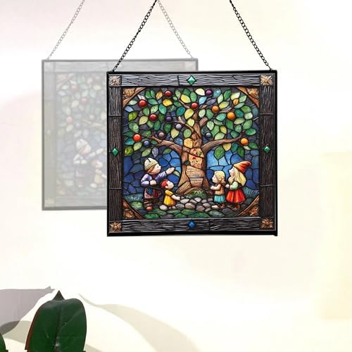 Gnome with Family Tree Stained Glass Suncatcher – Square Hanging Window Panel for Home, Garden, Nursery, Halloween, Christmas, Memorial Day – Whimsical Glass Art Gift for Gnome Lovers 3f1a3a - Image 4