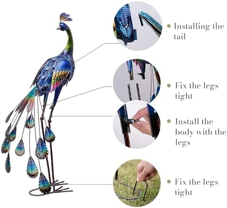 TERESA'S COLLECTIONS Outdoor Decor Peacock Yard Art Garden Sculptures & Statues for Porch Decor,35'' Blue Large Metal Bird Garden Decor for Outside, Yard Decorations Outdoor for Patio,Gifts for Mom - Image 4