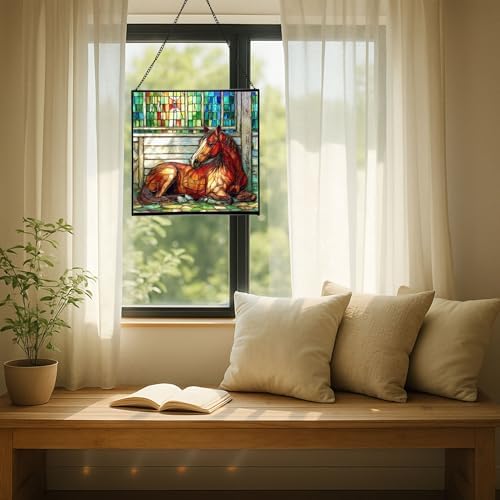 Chestnut Morgan Horse Resting Near barn Window Square Suncatcher – Stained Glass Style Window Panel with Pastoral Scene, Custom Decorative Hanging Art for Equestrian Home, Christmas 7IfYQe - Image 7