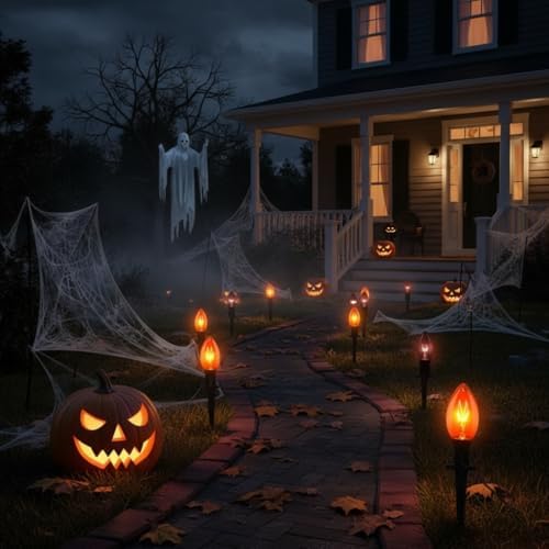 10 Pack Halloween Pathway Stake Lights,19.5ft Halloween Party Decor Walkway Lights with C9 Clear Black&Orange Bulbs for Outdoor Lawn Patio Yard Walkway Garden,Waterproof Clear Black&Orange - Image 7