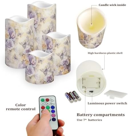 Purple Butterfly Rose Flameless Candles with Remote Timer Battery Powered LED Candles Color Changing Pillar Electric Fake Candles Bulk for Indoor Outdoor Home Table Decoration Set of 4 - Image 3