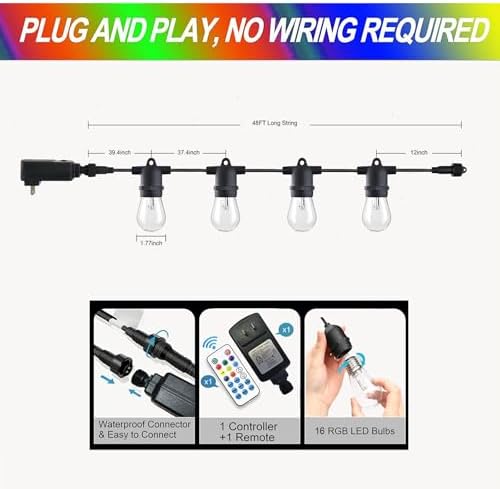 Outdoor String Lights, 48FT Color Changing Outdoor String Lights, Patio Lights Waterproof Porch Light with Remote, for Patio Decor, Balcony - Image 2