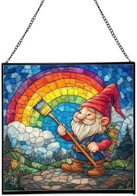Gnome with Rainbow Paintbrush Stained Glass Suncatcher – Square Hanging Window Panel for Home or Greenhouse – Whimsical Glass Art Gift for Garden Lovers, Christmas, Halloween, Father Days 4QDKIj by Custom