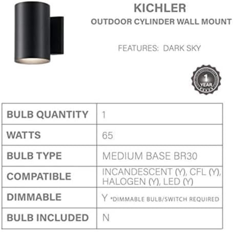 Kichler Cylinders 7" Outdoor Wall Sconce in a Black, 1-Light Exterior Wall Light, Cylinder Fixture, (7" H x 5" W), 9234BK (Pack of 2) - Image 5