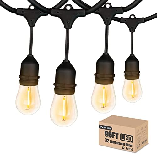 Achin Outdoor String Lights 96FT(48FT*2) Waterproof IP65 LED Patio Lights with 30+2 S14 Edison Bulbs Warm 2200K Hanging Lights Outside Shatterproof String Lights for Outside Bistro, Market, Yard by Achin
