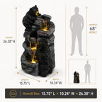 26.38" Bear Waterfall Fountain with LED Lights, Resin Outdoor Water Fountain with Cascading Rock Design, Wildlife Garden Fountain for Patio, Backyard, Porch & Yard, Black and Gray - Image 2