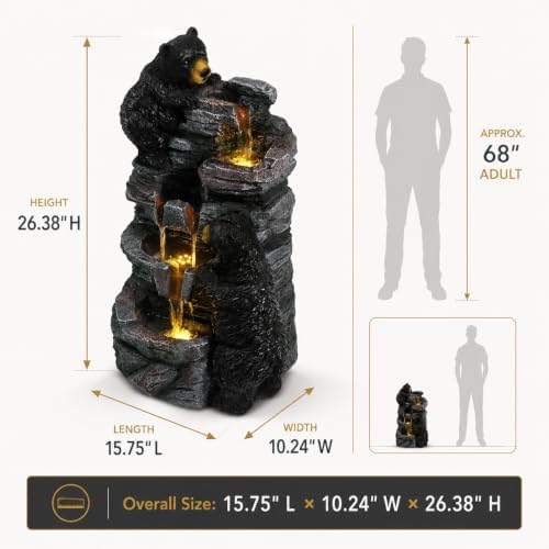 26.38" Bear Waterfall Fountain with LED Lights, Resin Outdoor Water Fountain with Cascading Rock Design, Wildlife Garden Fountain for Patio, Backyard, Porch & Yard, Black and Gray - Image 2
