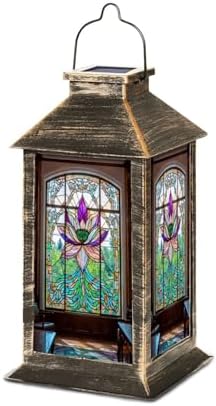 Solar Lantern Victorian Stained Glass Lotus Patterns Outdoor Waterproof Garden Hanging Lantern Solar Powered Lighting Outside Table Lamp for Patio Deck Camping 1 Pack by Unknown