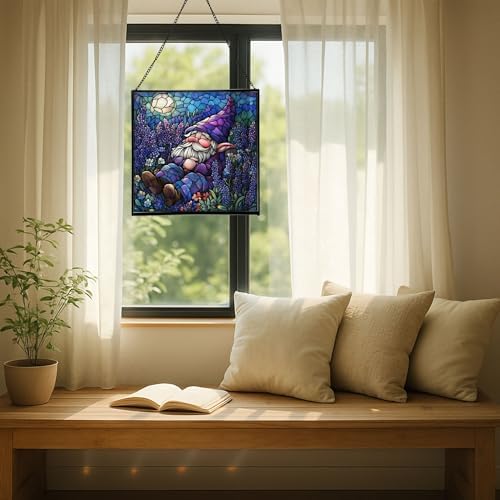 Lavender Rest Gnome Stained Glass Suncatcher – Square Hanging Window Panel for Home or Greenhouse – Whimsical Glass Art Gift for Garden Lovers, Christmas, Halloween, Father Days N6a1Iu - Image 7