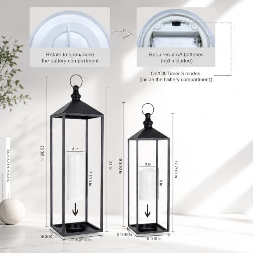 LED Lanterns Decorative Indoor&Outdoor, 23’’ 19’’ Large Black Candle Lanterns Set with 2 Flameless Candles, Metal Holders for Porch, Patio, Garden, Home, Fireplace, Decorations Decor - Image 5