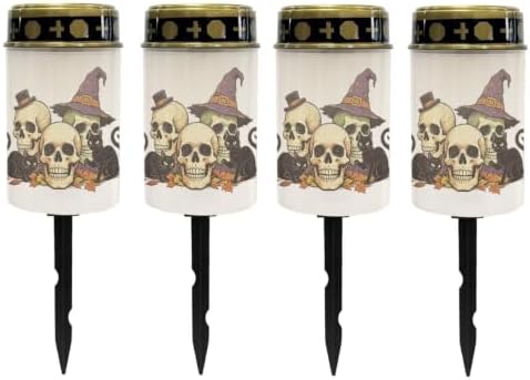 Poceacles Solar Lights Outdoor Grave Candle for Cemetery Decoration Solar Outdoor Lights for Garden Lawn Backyard Pathway Decor, Skull Black Cat Leaf Print, Pack of 4 by Poceacles