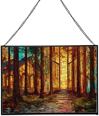 Sun Shining Through Window in Forest Chapel Rectangular Stained Glass Suncatcher – Hanging Window Panel with Animal & Nature Scene – Vibrant Glass Art Gift for Wildlife, Fantasy, Nature Lovers rQwQYE by Custom