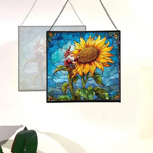Sunflower Climb Gnome Stained Glass Suncatcher – Square Hanging Window Panel for Home or Greenhouse – Whimsical Glass Art Gift for Garden Lovers, Christmas, Halloween, Father Days PWjhXc - Image 4