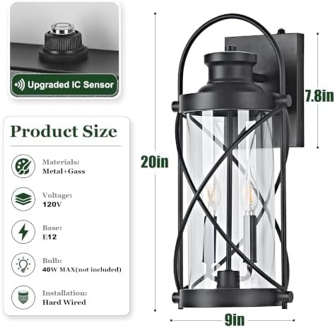 20inch Large Dusk to Dawn Outdoor Wall Lights Fixtures, Waterproof Exterior Lighting Fixtures with Photocell Sensor,Vintage Black Metal Cage Lantern Outside Lights for Porch Patio House Garage（2 Pack） - Image 2