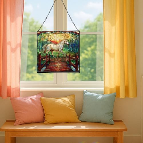 White Horse Trotting Across Bridge at Sunrise Square Suncatcher – Stained Glass Style Window Panel with Pastoral Scene, Custom Decorative Hanging Art for Equestrian Home, Christmas RWwXRI - Image 5
