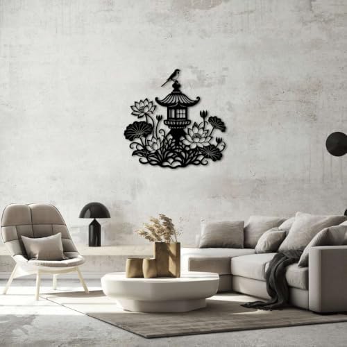 Zen Garden Lotus Flower and Pagoda Metal Wall Art Decor, Metal Outdoor Decor, Minimalist Aesthetic Metal Signs, Elegant Wall Decor for Living Room and Office Space (Black,20inch) - Image 3
