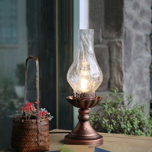 Vintage American Village Style Desk Light Industiral Table Llight with Glass Lampshade Old Style Kerosene Lamp Table Lamp Wrought Iron Metal Farmhouse Nightstand Lamps(Clear) - Image 4