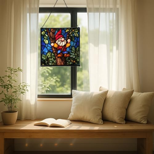 Gnome with Tree Climbing Stained Glass Suncatcher – Square Hanging Window Panel for Home, Garden, Nursery, Halloween, Christmas, Memorial Day – Whimsical Glass Art Gift for Gnome Lovers sao25y - Image 7